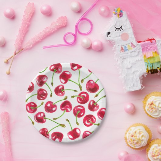 Waterverf kersen patroon papieren bordje (Feest)
