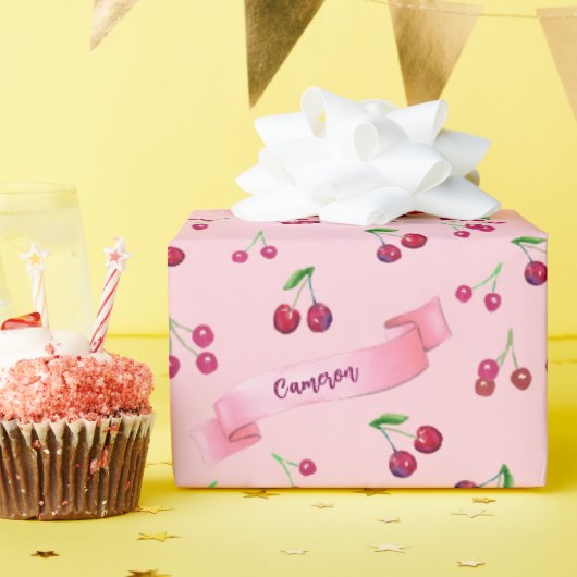 Waterverf Kersen Schattige Girly Pink Gepersonalis Cadeaupapier (Verjaardagsfeest)