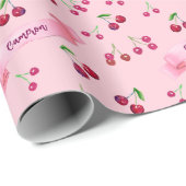 Waterverf Kersen Schattige Girly Pink Gepersonalis Cadeaupapier (Rol Hoek)