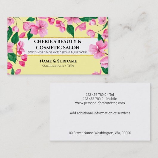 Waterverf kersenbloem roze gele salon visitekaartje (Voorkant / Achterkant)