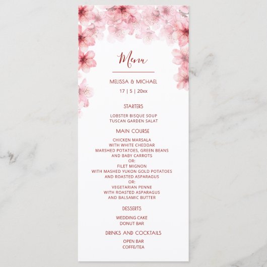 Waterverf Kersenbloesem Bruiloft Menu (Voorkant)