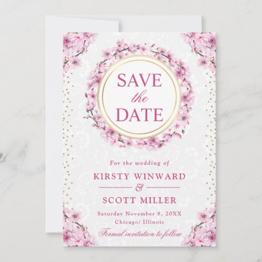 Waterverf Kersenbloesem Krans Trouwen Save The Date (Voorkant)