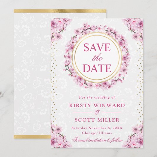 Waterverf Kersenbloesem Krans Trouwen Save The Date (Voorkant / Achterkant)