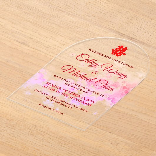 Waterverf kersenbloesem moderne Chinese bruiloft Acryl Uitnodigingen (Laagn)