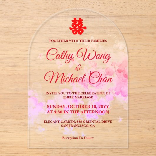 Waterverf kersenbloesem moderne Chinese bruiloft Acryl Uitnodigingen (Voorkant)