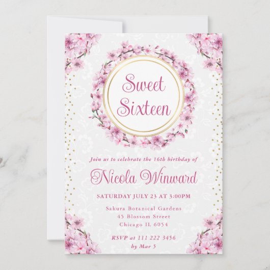 Waterverf Kersenbloesems Krans Sweet 16 Kaart (Voorkant)