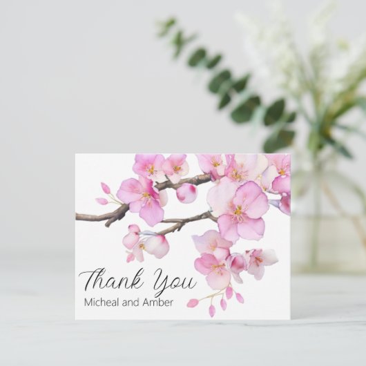 Waterverf kersenbloesems roze bloemenschrift bedankkaart (Staand voorkant)