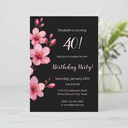 Waterverf kersenbloesems roze zwarte verjaardag kaart (Staand voorkant)