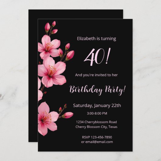 Waterverf kersenbloesems roze zwarte verjaardag kaart (Voorkant / Achterkant)