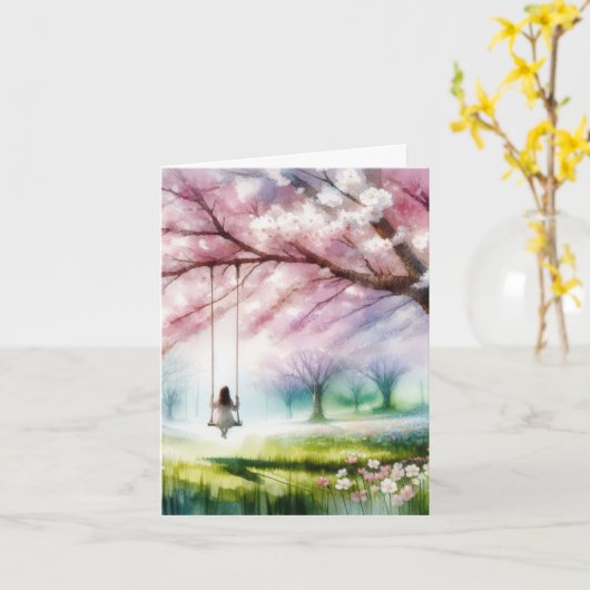Waterverf kersenboom met meisje op een schommel kaart (Gele Bloem)