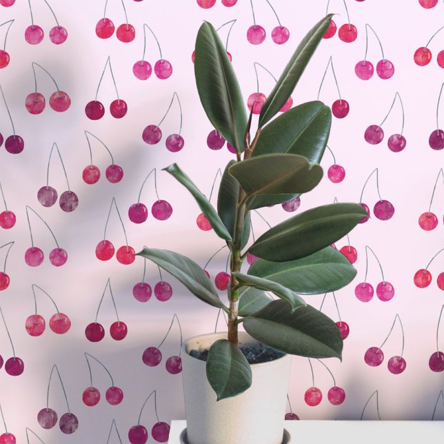 Waterverf Kersenpatroon Roze Behang (Sweet watercolor cherry pattern art wallpaper in pink )