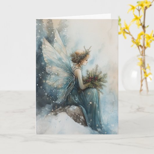 Waterverf Kerst Aqua Fairy in Snowy Field Kaart (Gele Bloem)