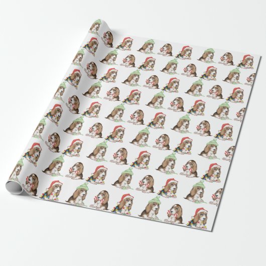 Waterverf Kerst Basset Hound Cadeaupapier (Uitgerold)
