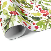 Waterverf Kerst Bladeren en Bessen Cadeaupapier (Rol Hoek)