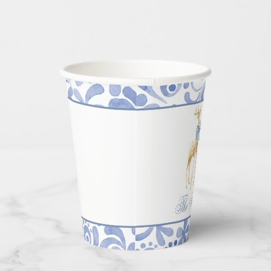 Waterverf Kerst Blauw Chinoiserie Bow Rendier Papieren Bekers (Rechts)