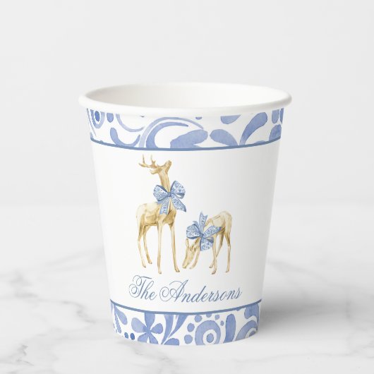 Waterverf Kerst Blauw Chinoiserie Bow Rendier Papieren Bekers (Voorkant)