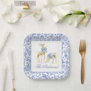 Waterverf Kerst Blauw Chinoiserie Bow Rendier Papieren Bordje
