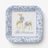 Waterverf Kerst Blauw Chinoiserie Bow Rendier Papieren Bordje (Voorkant)