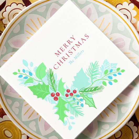 Waterverf Kerst Blauw Groen en Rode Botanicals Servet