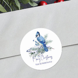 Waterverf Kerst Blauw Jay Winter Vakantie Ronde Sticker