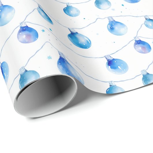 Waterverf Kerst Blauwe String Lights Cadeaupapier (Rol Hoek)