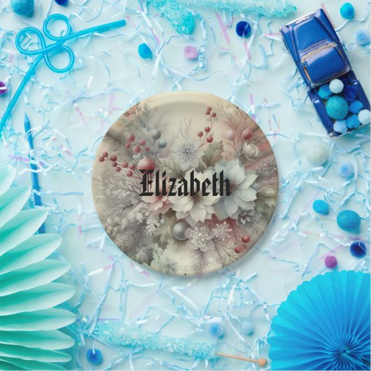 Waterverf Kerst Bloemen en Ornamenten Papieren Bordje (Feest)