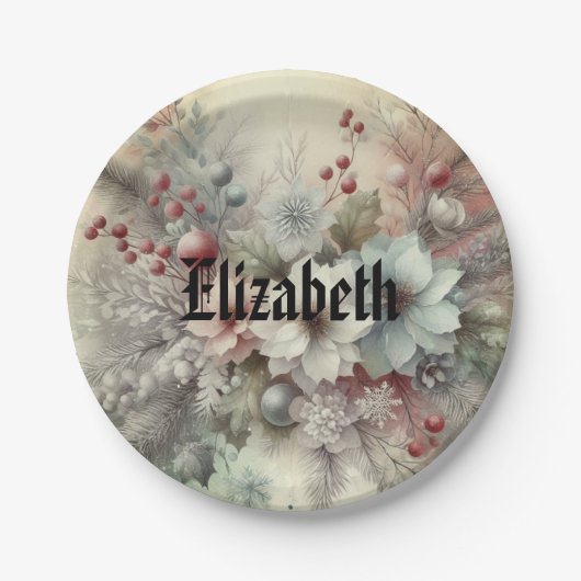  Waterverf Kerst Bloemen en Ornamenten Papieren Bordje (Voorkant)