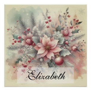 Waterverf Kerst Bloemen en Ornamenten Perfect Poster