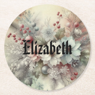  Waterverf Kerst Bloemen en Ornamenten Ronde Kartonnen Onderzetter