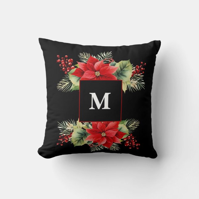 Waterverf Kerst Bloemen Monogram Kussen (Voorkant)
