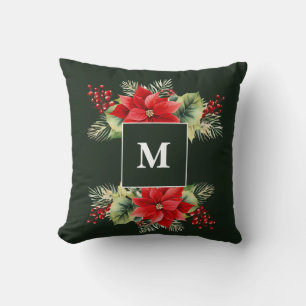 Waterverf Kerst Bloemen Monogram Kussen