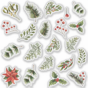 Waterverf Kerst Bloemen Rode Bessen Sticker