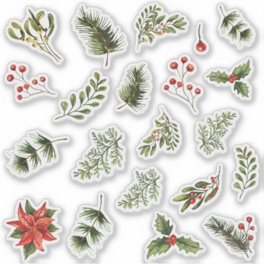 Waterverf Kerst Bloemen Rode Bessen Sticker (Voorkant)