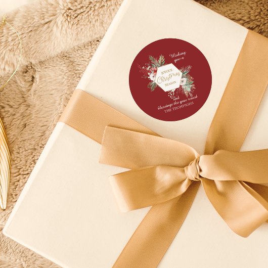 Waterverf Kerst Botanische Custom Name Red Ronde Sticker