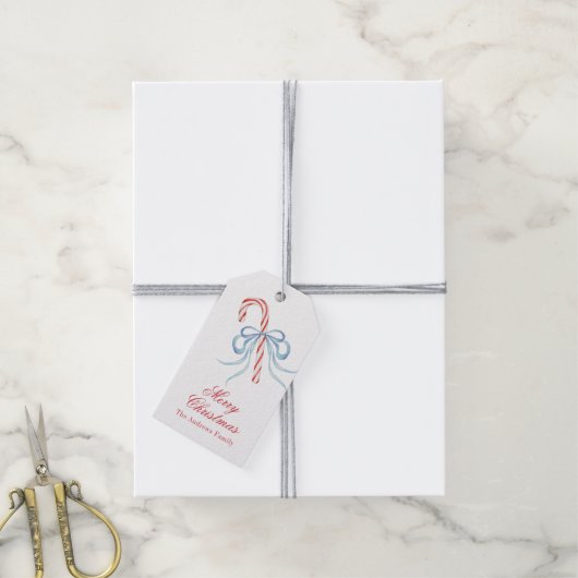 Waterverf Kerst Bow Candy Cane Cadeaulabel (Met Touw)