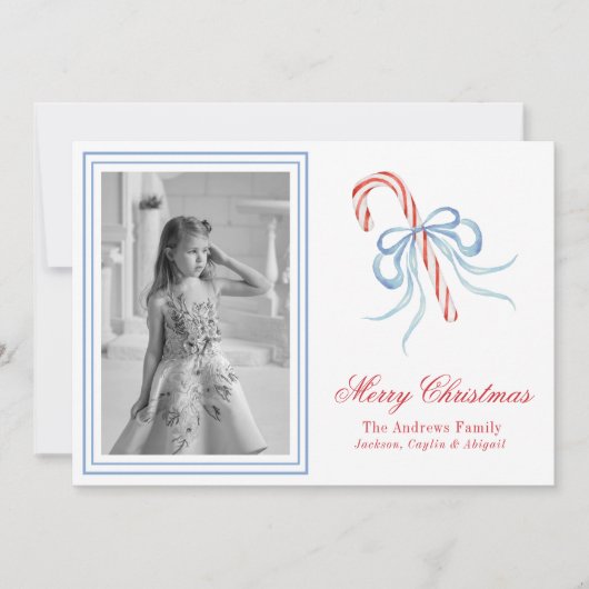 Waterverf Kerst Bow Candy Cane Foto Feestdagenkaart (Voorkant)