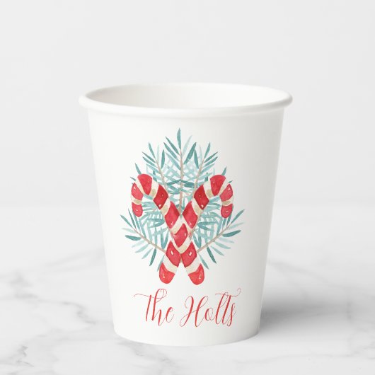 Waterverf Kerst Candy Cane gepersonaliseerd Papieren Bekers (Voorkant)