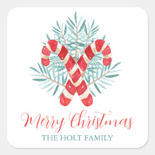 Waterverf Kerst Candy Cane Gift Vierkante Sticker