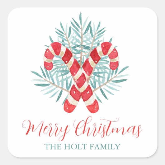 Waterverf Kerst Candy Cane Gift Vierkante Sticker (Voorkant)