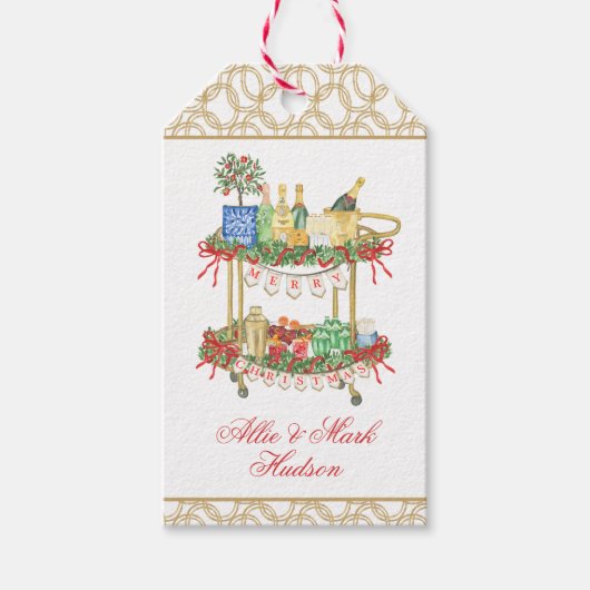 Waterverf Kerst Champagne Bar Winkelwagen Cadeaulabel (Voorkant)