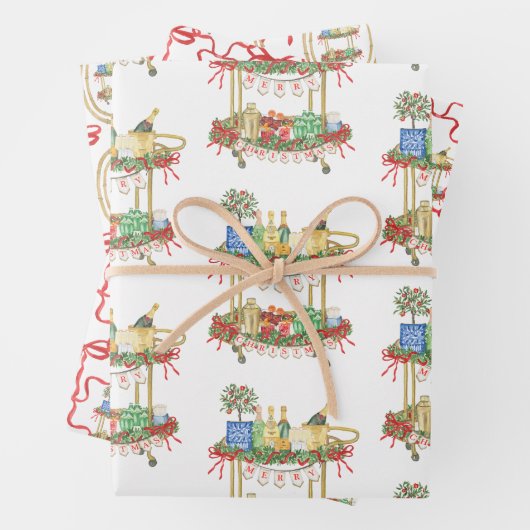 Waterverf Kerst Champagne Bar Winkelwagen Inpakpapier Vel (In situ)