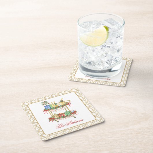 Waterverf Kerst Champagne Bar Winkelwagen Kartonnen Onderzetters (Insitu)