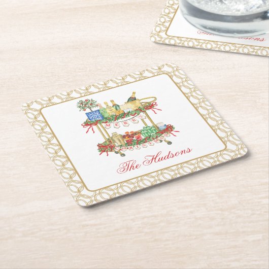 Waterverf Kerst Champagne Bar Winkelwagen Kartonnen Onderzetters (Schuin)