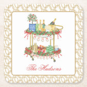 Waterverf Kerst Champagne Bar Winkelwagen Kartonnen Onderzetters (Voorkant)