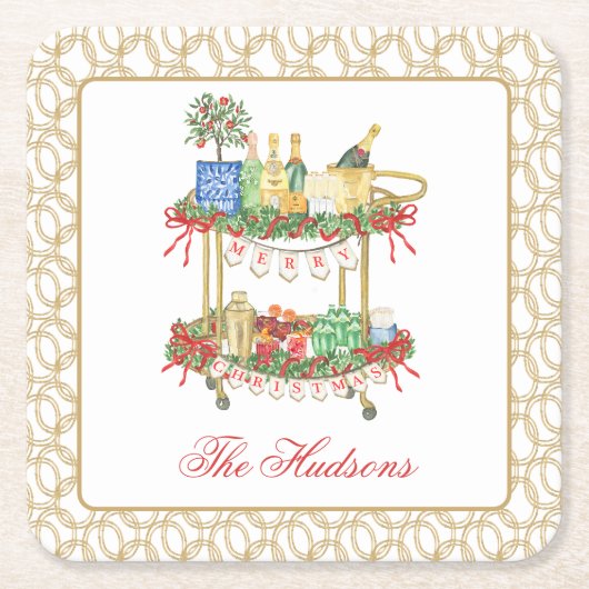 Waterverf Kerst Champagne Bar Winkelwagen Kartonnen Onderzetters (Voorkant)