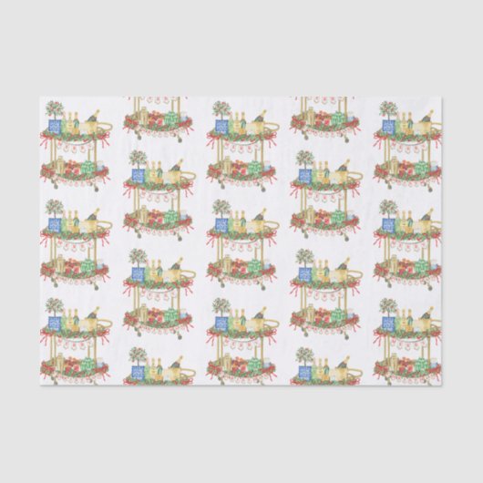 Waterverf Kerst Champagne Bar Winkelwagen Tissuepapier (Voorkant)