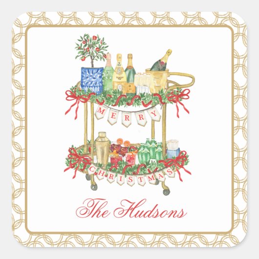 Waterverf Kerst Champagne Bar Winkelwagen Vierkante Sticker (Voorkant)