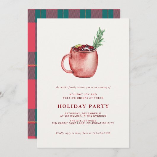 Waterverf Kerst Cocktail Kerstfeest Uitnodiging (Voorkant / Achterkant)
