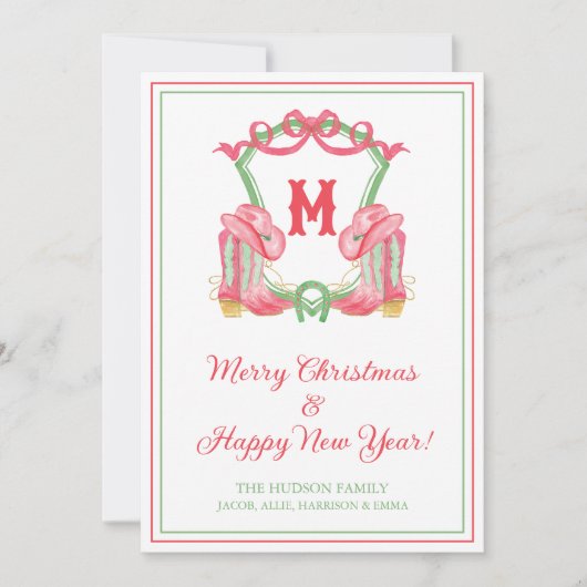Waterverf Kerst Cowboy Laarzen Monogram Crest Feestdagenkaart (Voorkant)