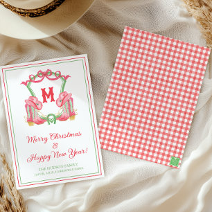 Waterverf Kerst Cowboy Laarzen Monogram Crest Feestdagenkaart